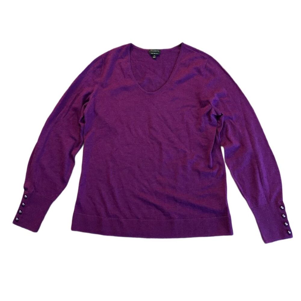 Talbots 100% Merino Wool Sweater Purple Button Sleeve Detail Medium
